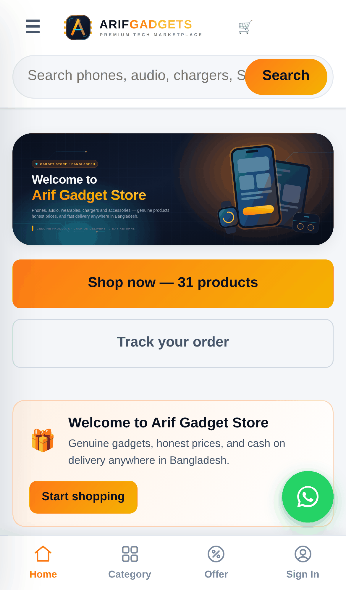 Mobile home capture showing how the marketplace compresses the search, category, trust, and shopping pathway for a phone screen.