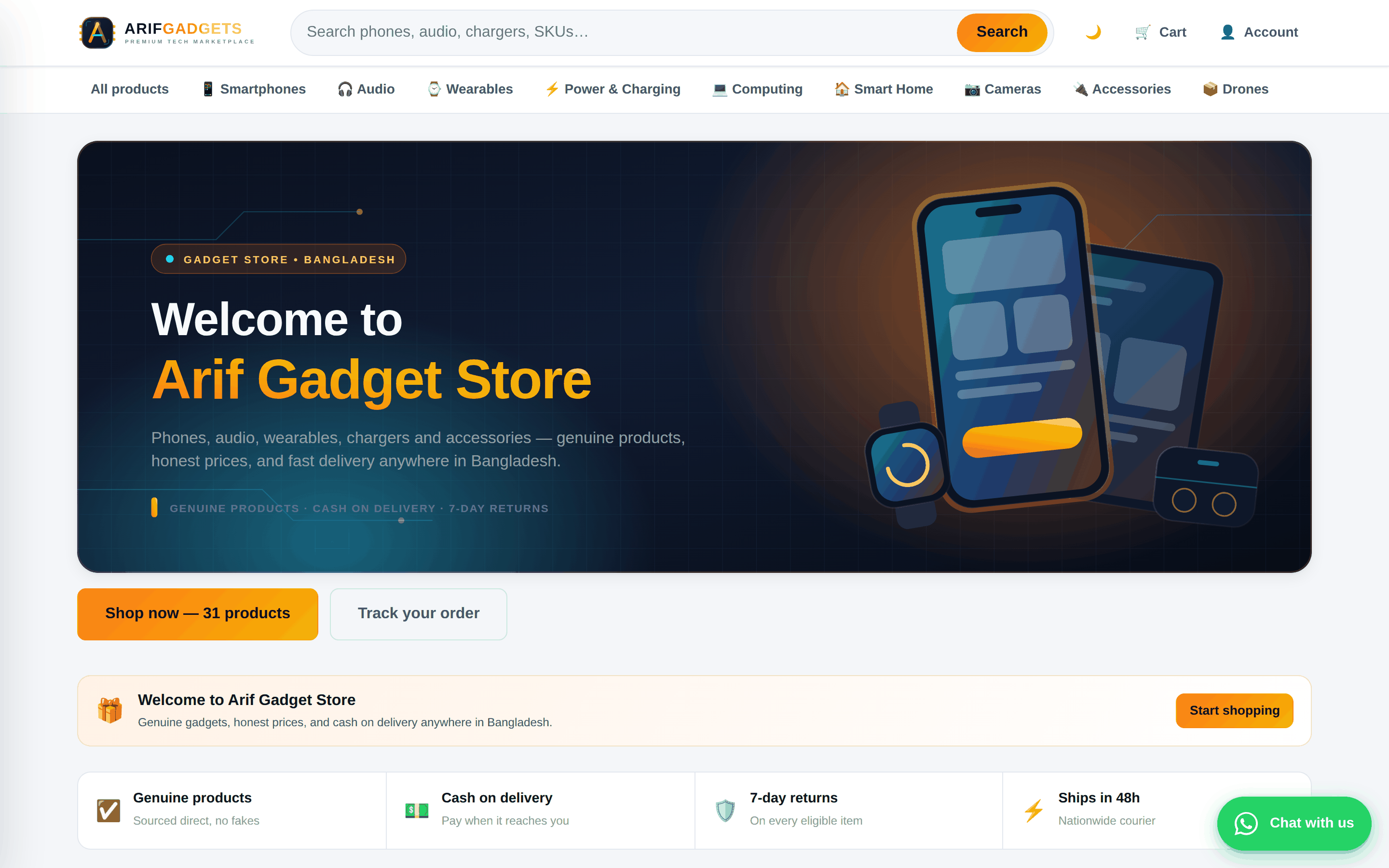 Arif Gadget Store welcome banner showing the navy-and-orange marketplace visual system, product categories, search, shopping actions, and trust strip.