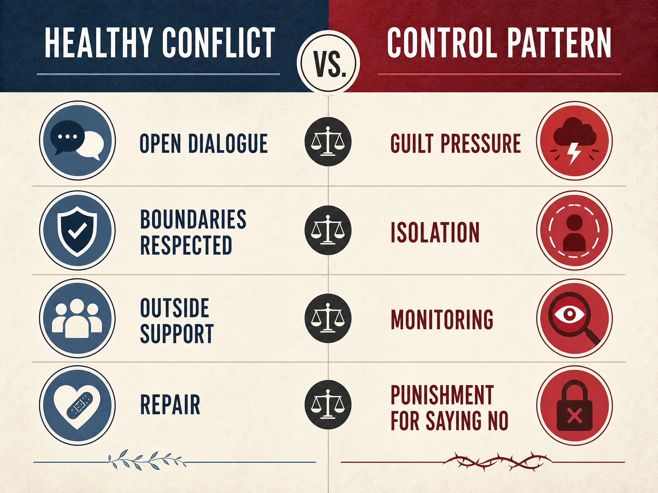 Healthy conflict compared with a relationship control pattern through dialogue, boundaries, support, and punishment for saying no