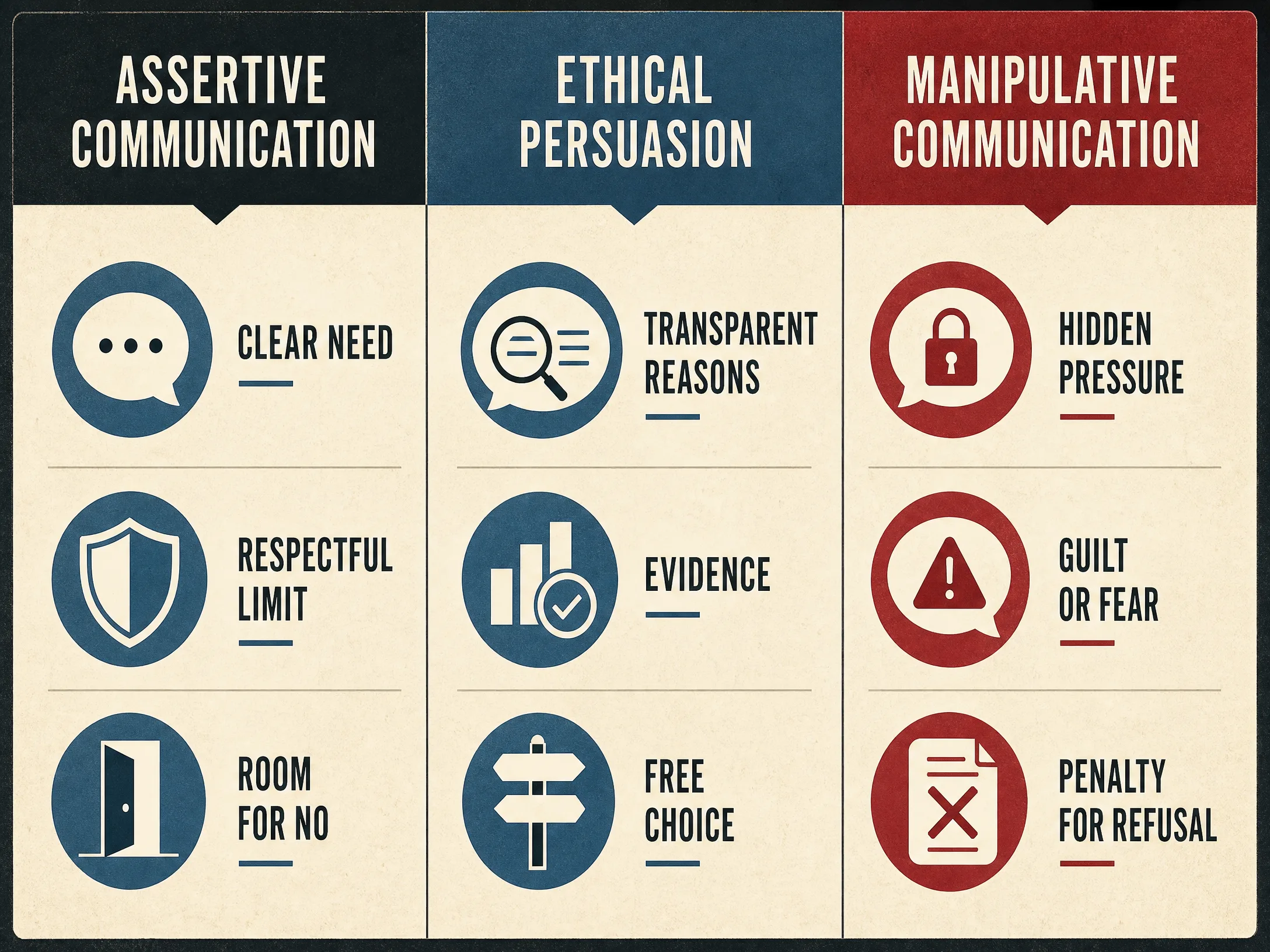 Assertive communication, ethical persuasion, and manipulative communication compared through needs, reasons, free choice, hidden pressure, guilt, and penalty for refusal