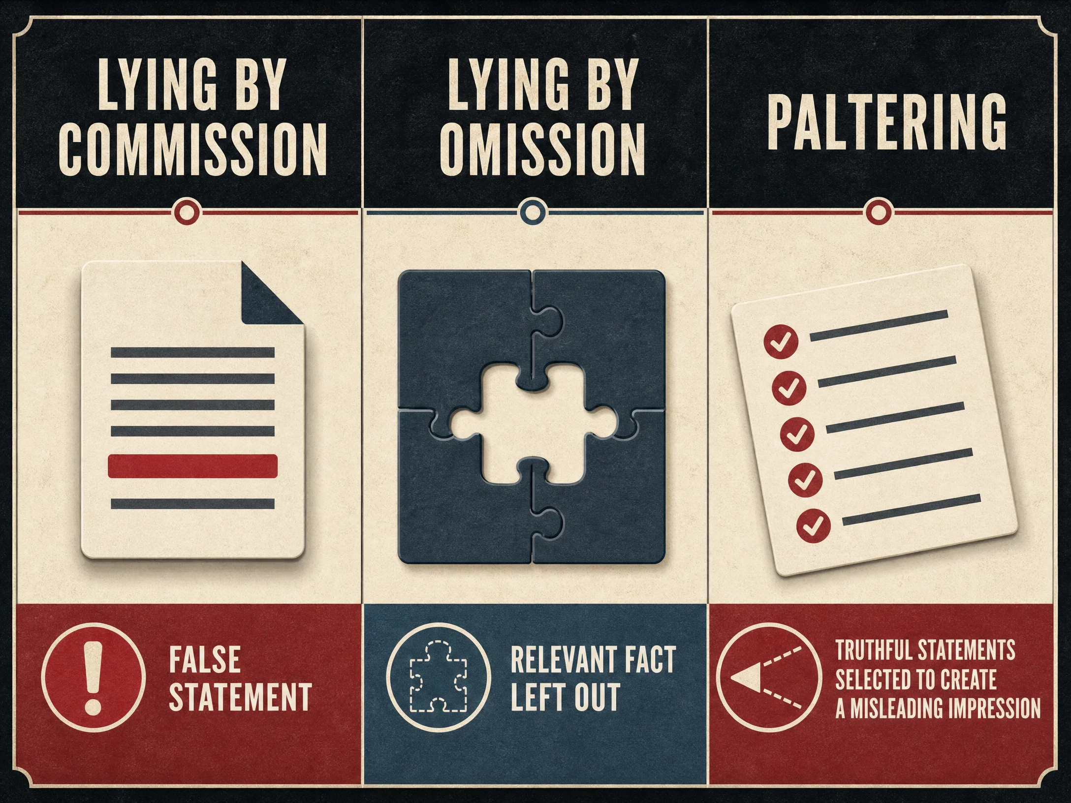 Lying by commission, lying by omission, and paltering compared by false statements, missing relevant facts, and truthful statements selected to create a misleading impression