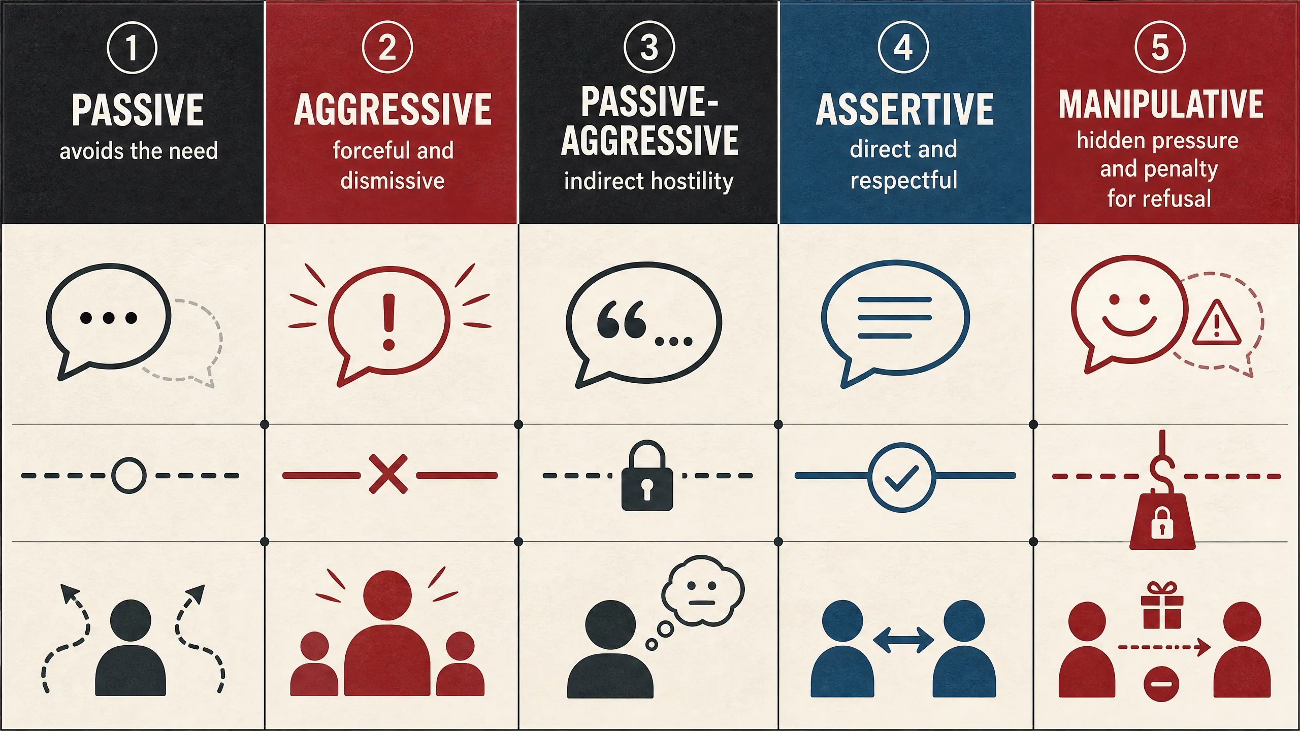 Passive, aggressive, passive-aggressive, assertive, and manipulative communication compared through directness, hostility, cooperation, and hidden pressure