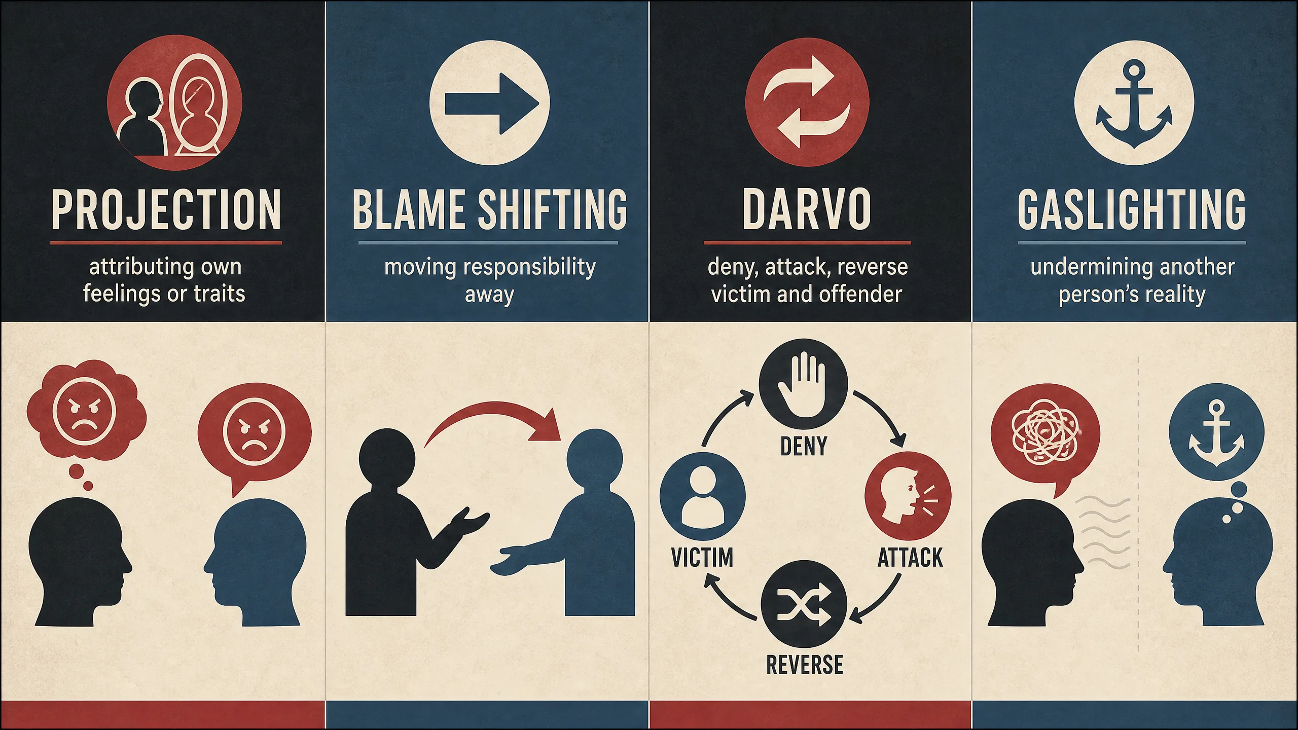 Projection, blame shifting, DARVO, and gaslighting compared through mirrored traits, moving responsibility, reversal, and reality-undermining behavior