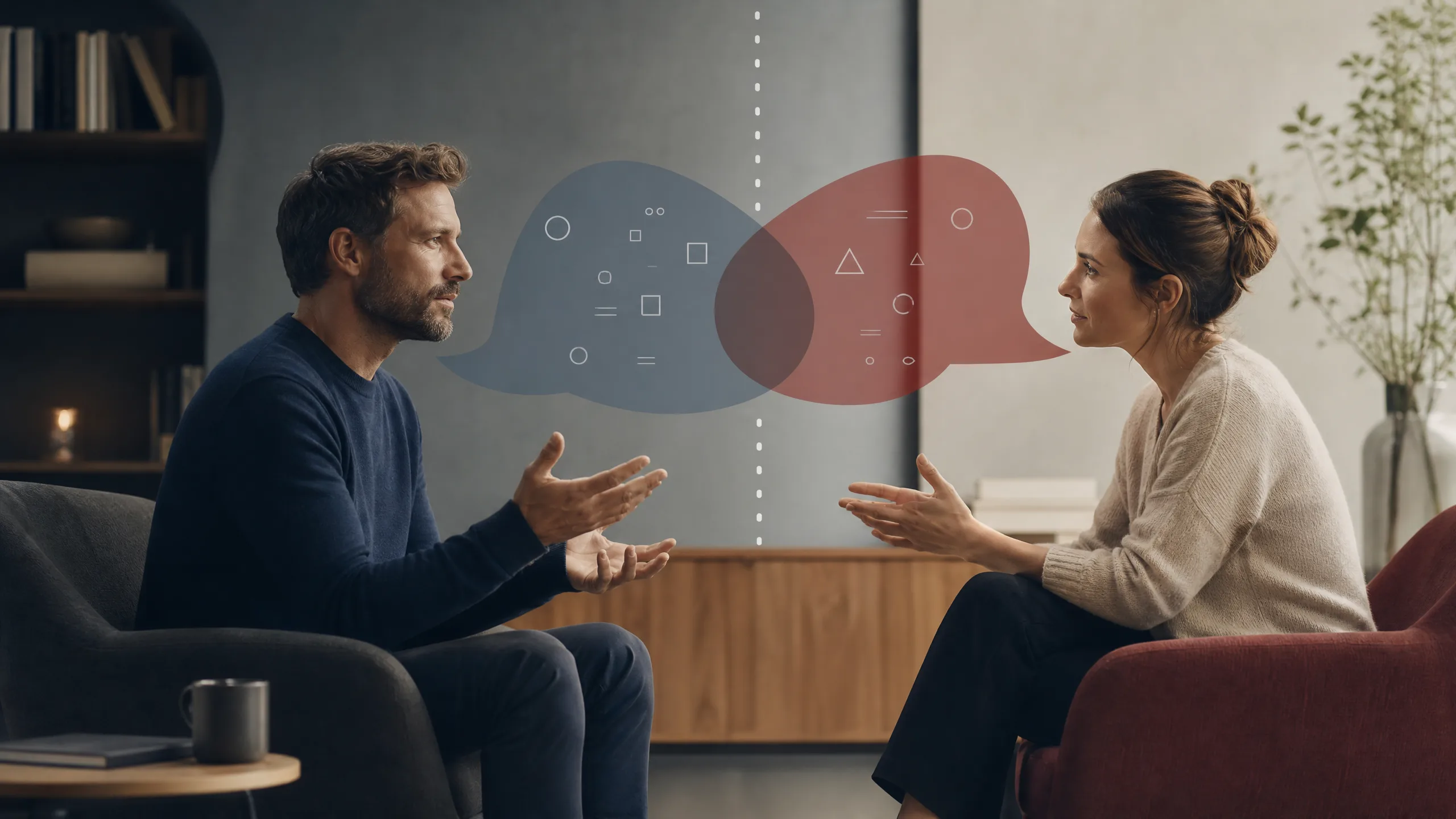 Projection represented through a calm conversation, mirrored speech, and a boundary between facts and assumptions