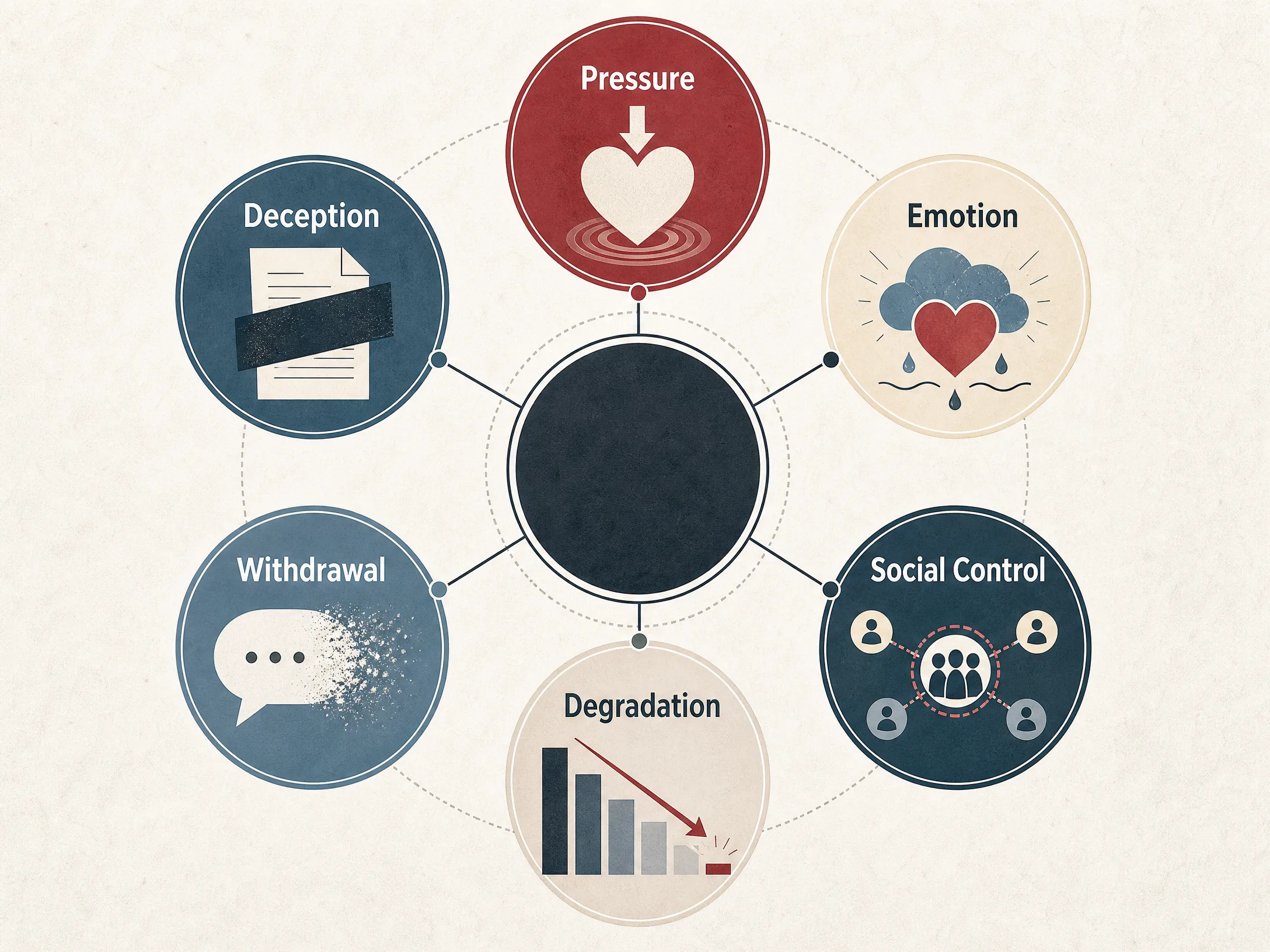 Conceptual taxonomy of psychological manipulation styles, including pressure, deception, emotion, withdrawal, social control, and degradation